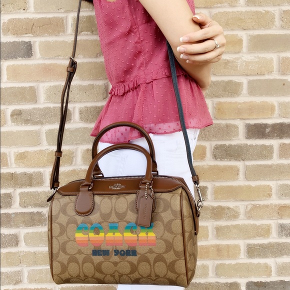 Coach Handbags - Coach satchel crossbody khaki rainbow LOGO
